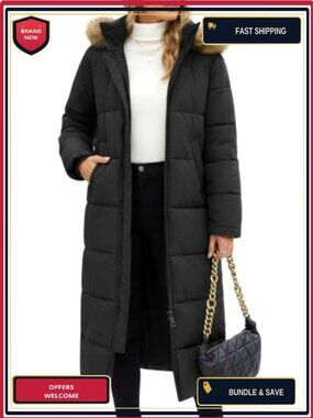 Long Puffer Coat Womens Winter Faux Fur Hood Quilted Jacket